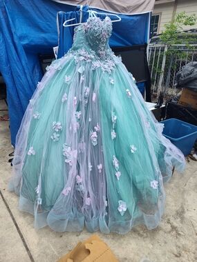 Aqua & Lavender Floral Appliqué Tulle Ball Gown for Girls